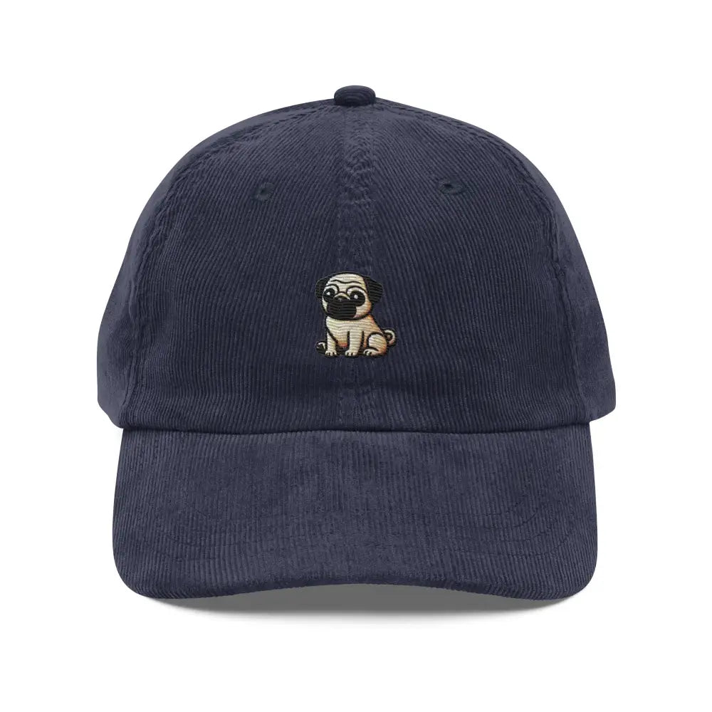 Pug embroidered vintage navy blue corduroy baseball cap
