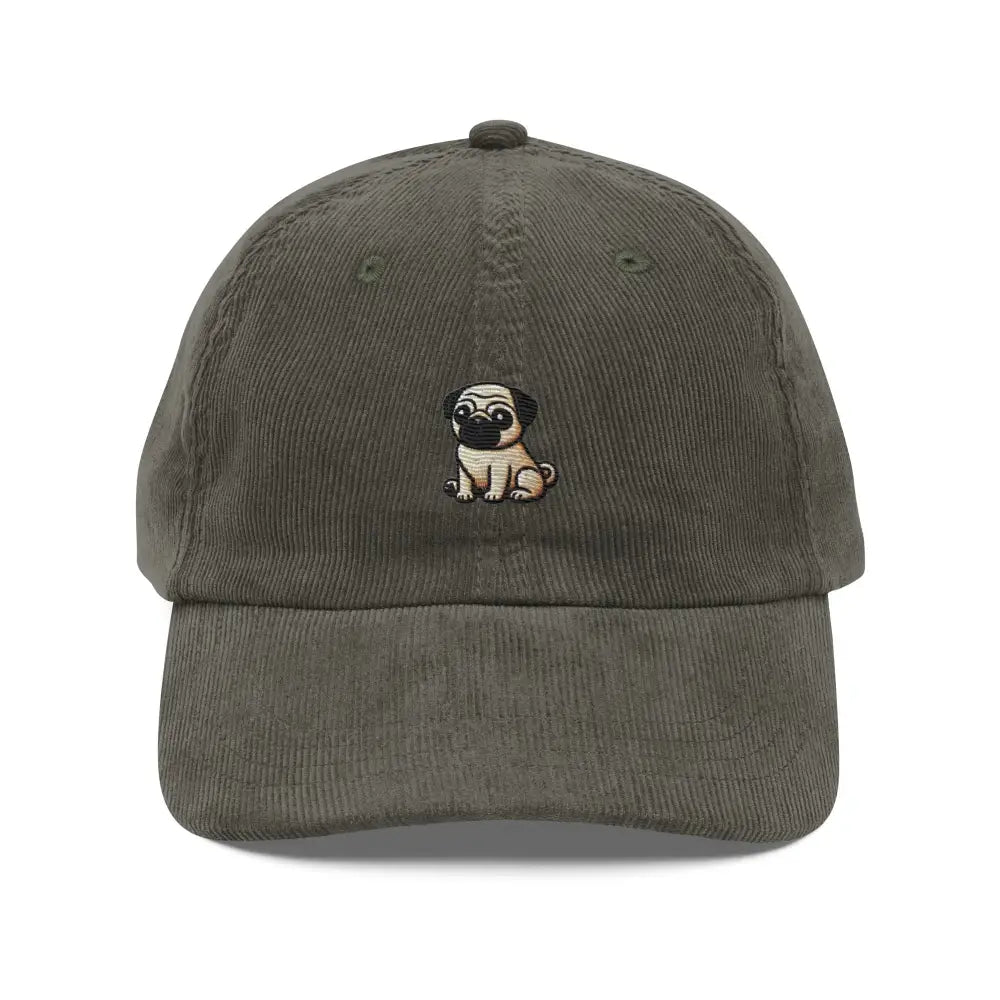 Pug embroidered vintage corduroy baseball cap in dark olive green