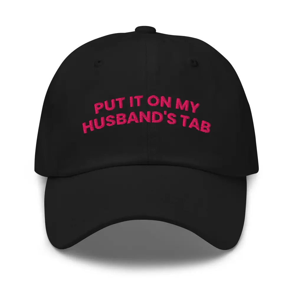 Black baseball cap with pink embroidered text, embroidered dad hat