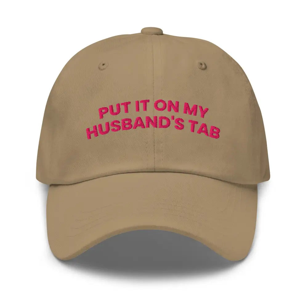 Pink embroidered dad hat baseball cap in tan