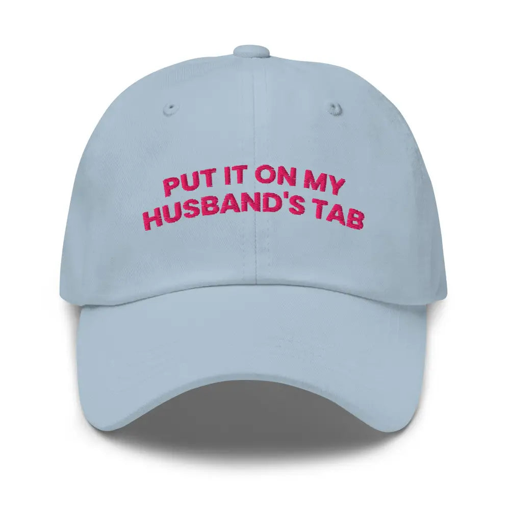 Light blue embroidered dad hat with pink text