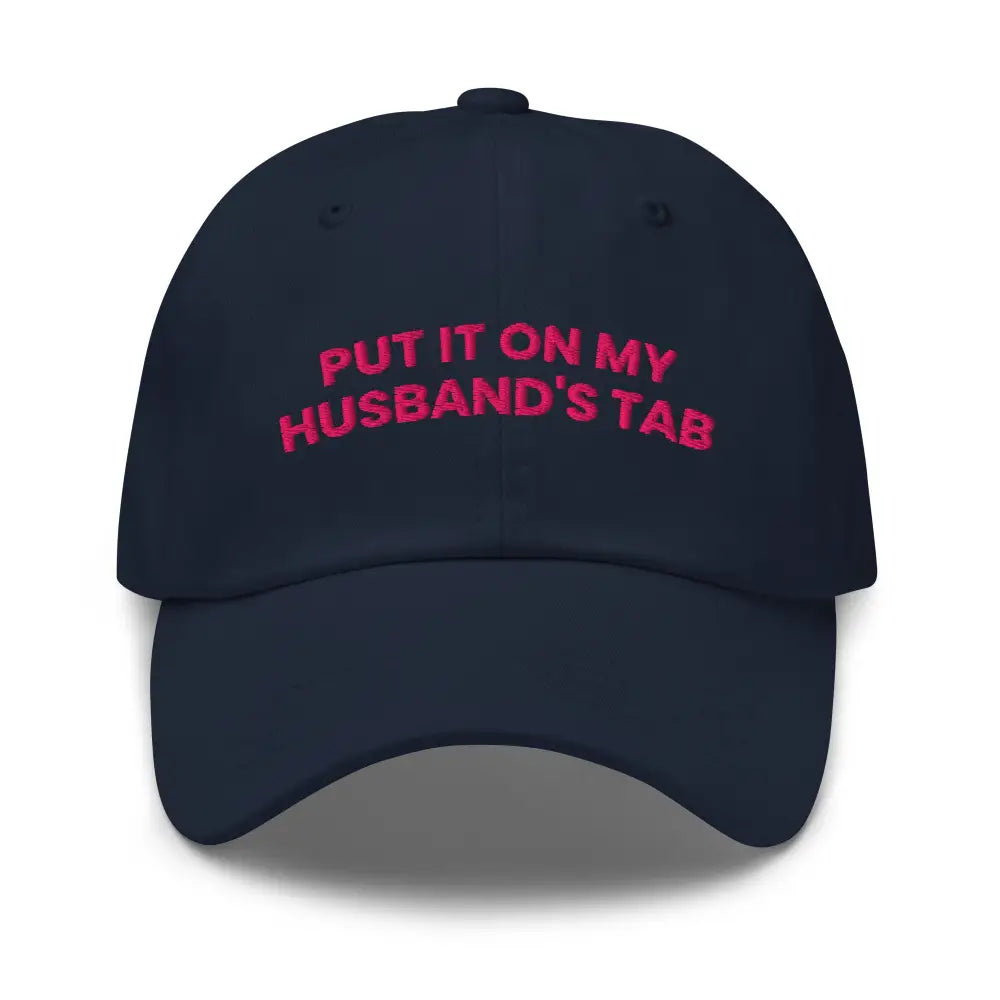 Navy blue embroidered dad hat with pink text