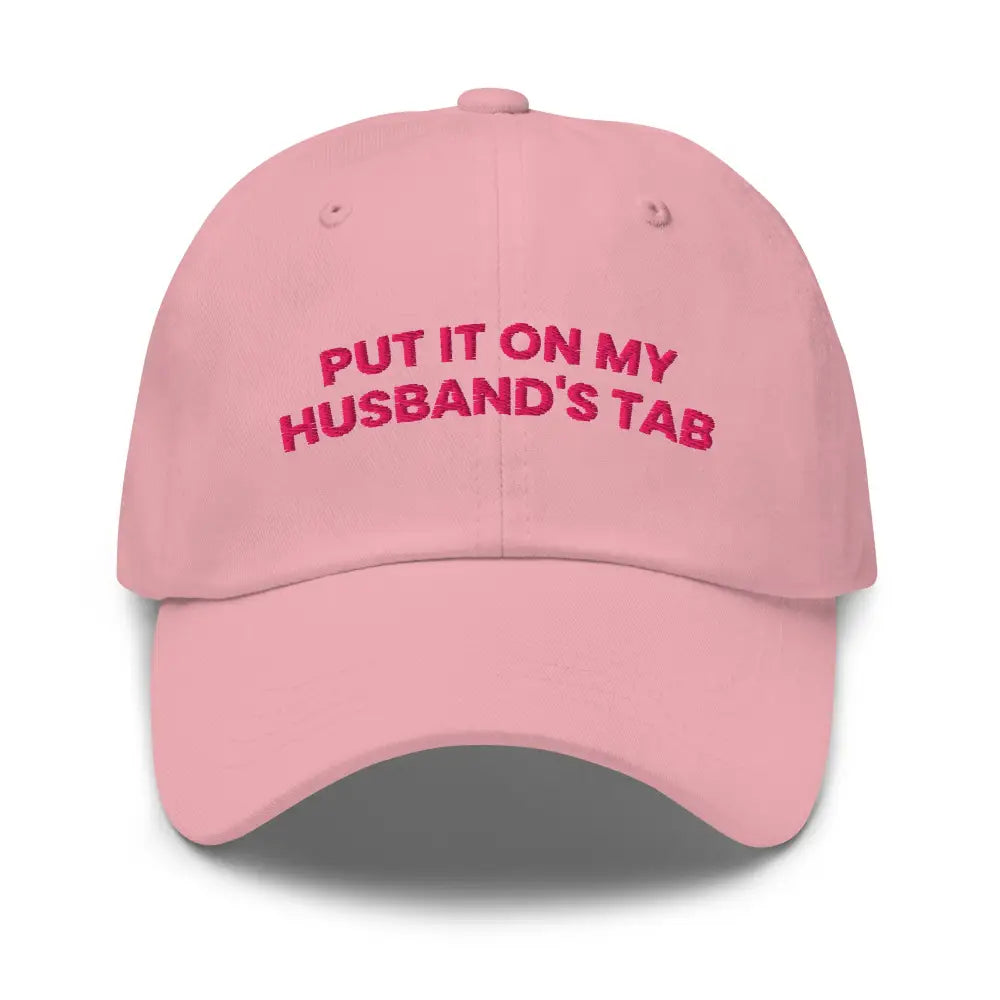 Pink embroidered dad hat with husband’s tab embroidered text
