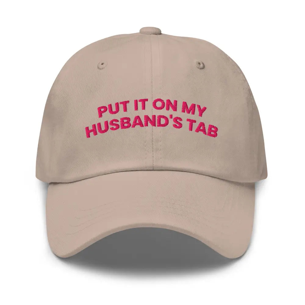 Beige embroidered dad hat with pink text baseball cap