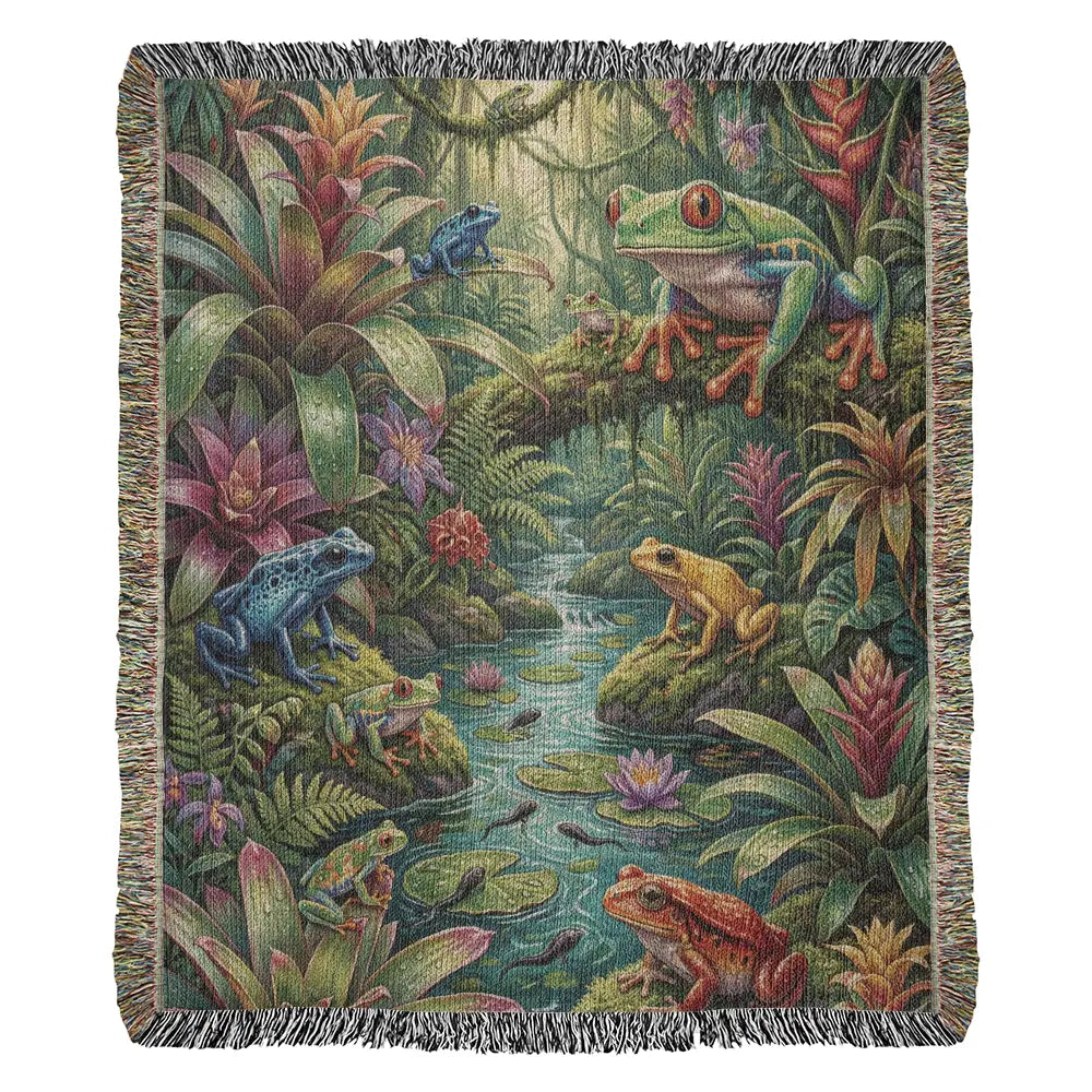 Rainforest frog woven blanket with vibrant jungle scene and trini skies