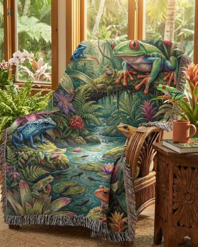 Vibrant rainforest frog woven blanket with jungle frogs and foliage