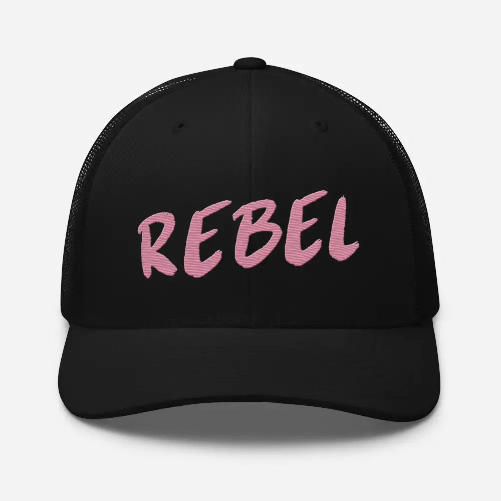 Black mesh-back trucker hat with REBEL embroidery, Rebel Spirit Trucker Cap style