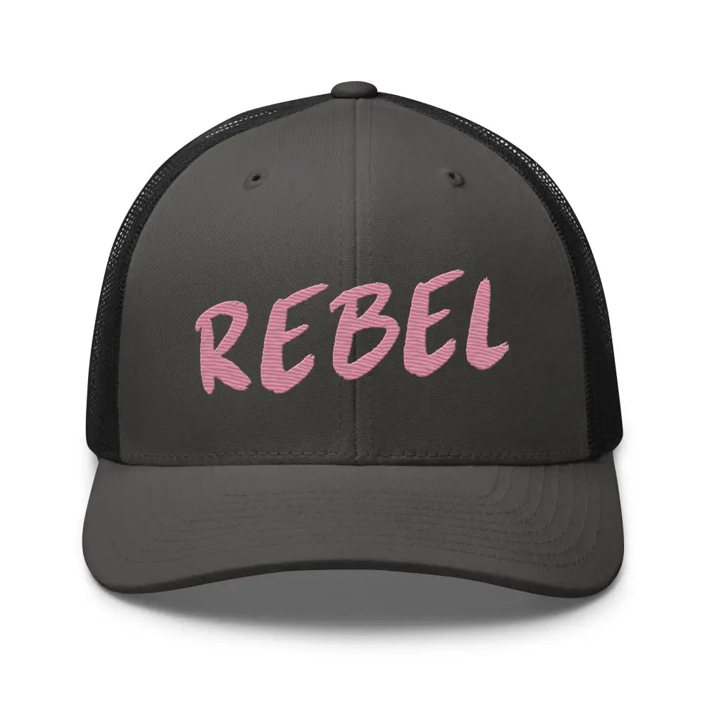Dark gray Rebel Spirit Trucker cap with pink embroidered REBEL text and mesh back
