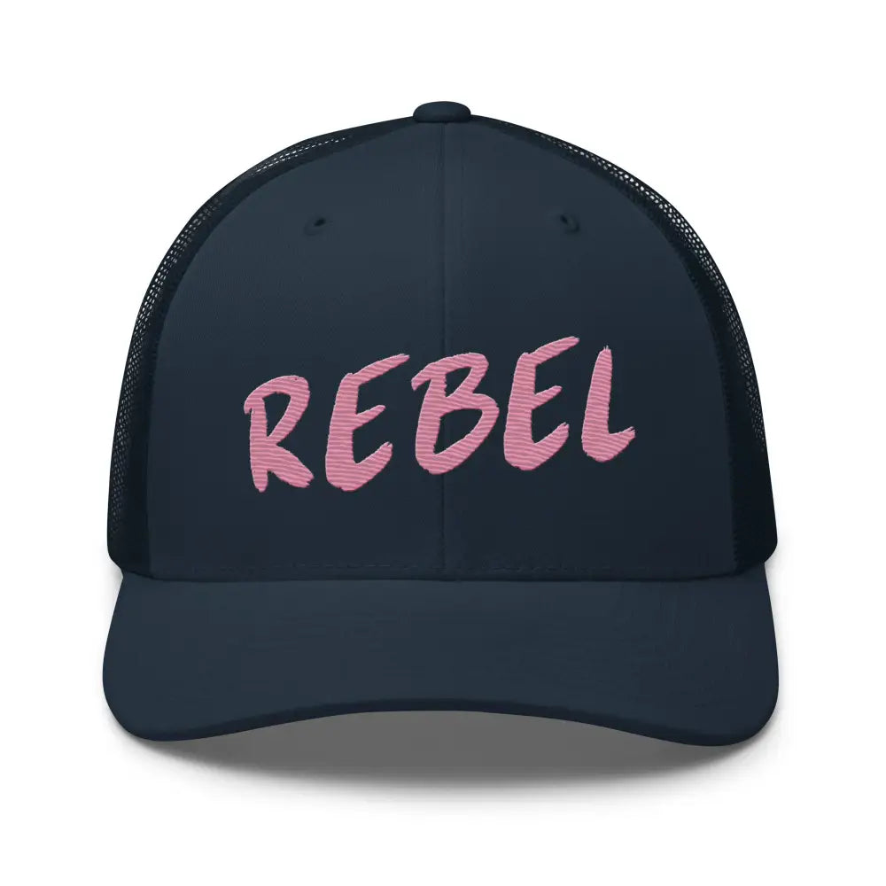 Navy blue mesh back Rebel Spirit Trucker cap with pink embroidered text and stylish design