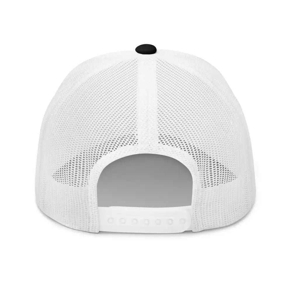 White mesh Rebel Spirit Trucker cap with embroidered design and black button on top