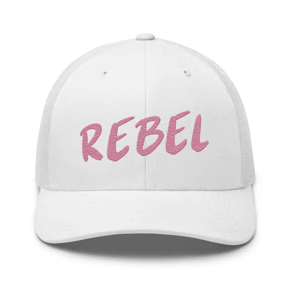 White rebel spirit trucker hat with pink embroidered text mesh back embroidered corduroy cap