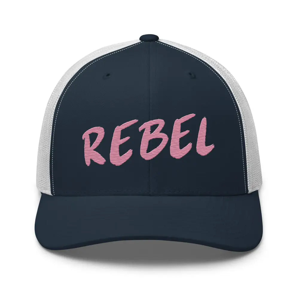 Navy blue and white Rebel Spirit Trucker cap with pink embroidered text mesh back