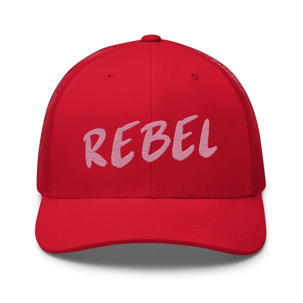 Red rebel spirit trucker cap with embroidered REBEL on front mesh back design