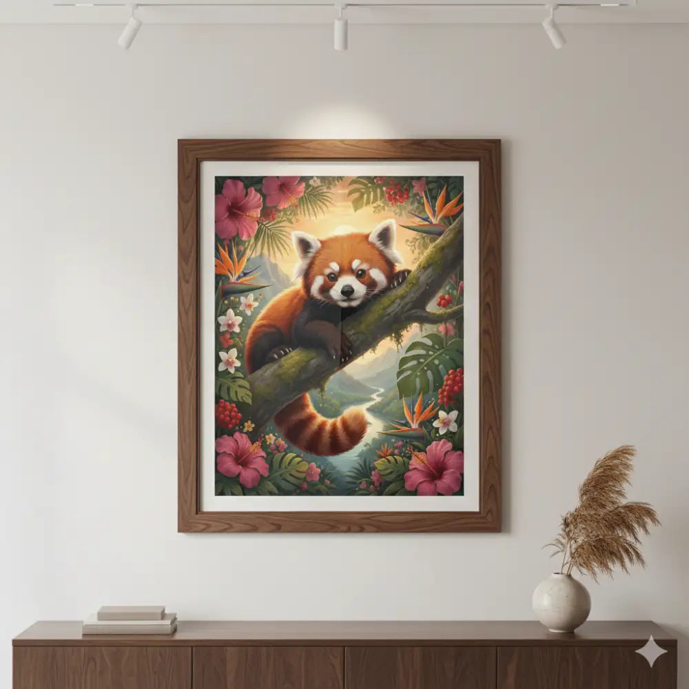 Red panda botanical wildlife wall art by Trini Skies Graphics