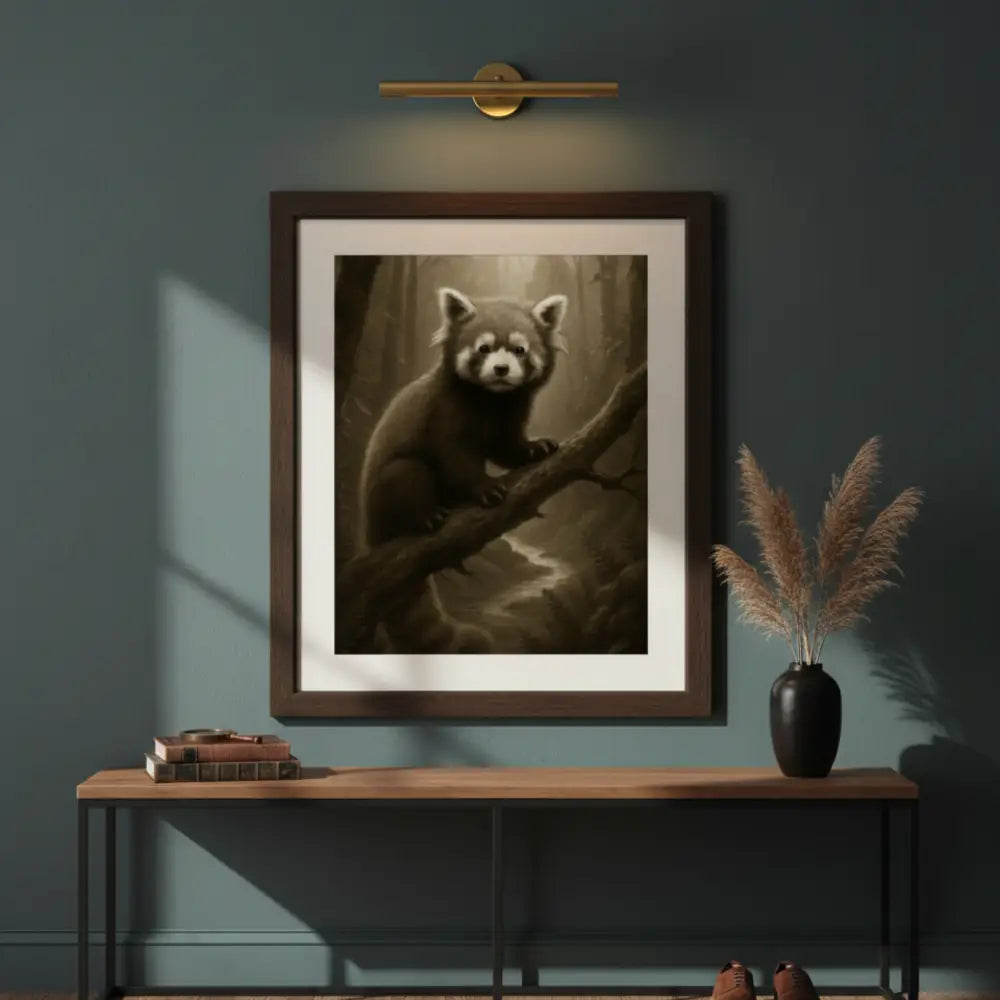 Sepia red panda forest art print by Trini Skies Graphics in vintage inspired wildlife style