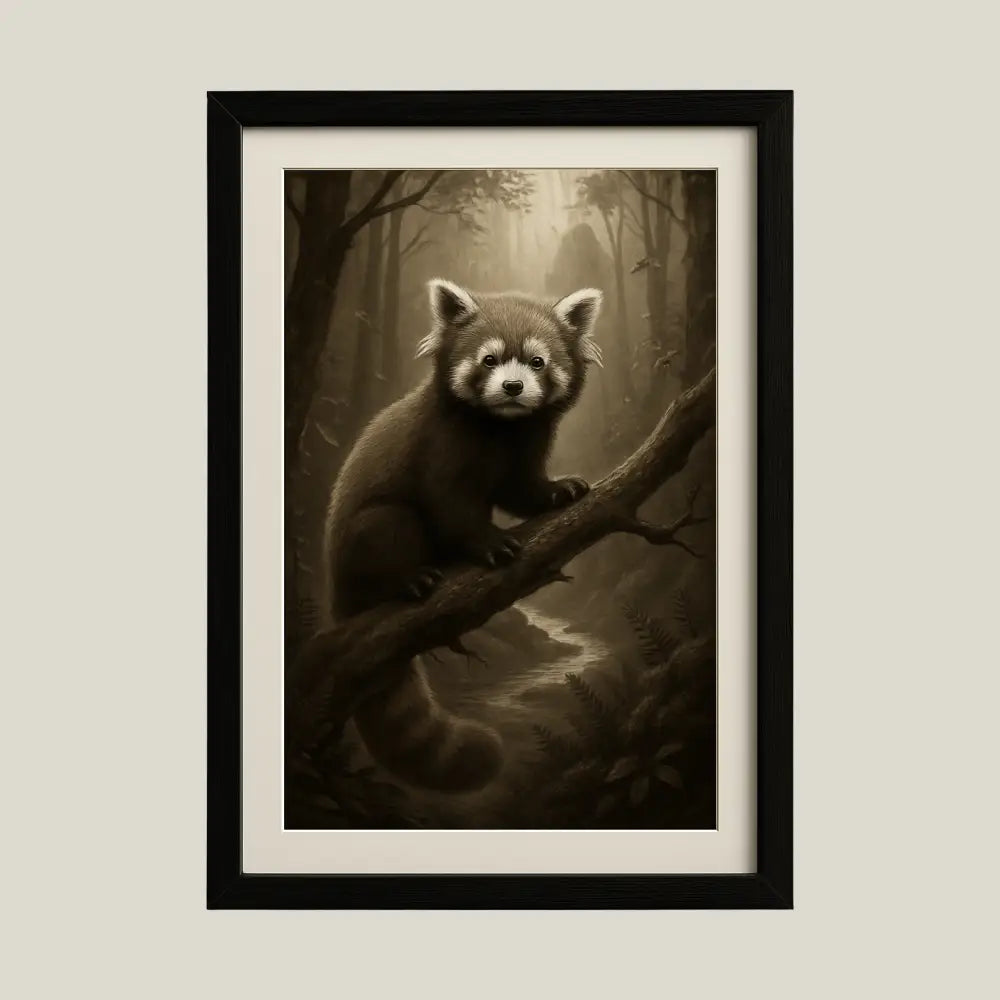 Framed red panda forest art by Trini Skies Graphics, vintage inspired wildlife print