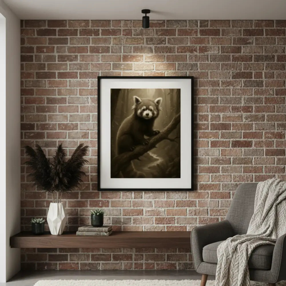 Sepia red panda on branch in black frame by Trini Skies Graphics