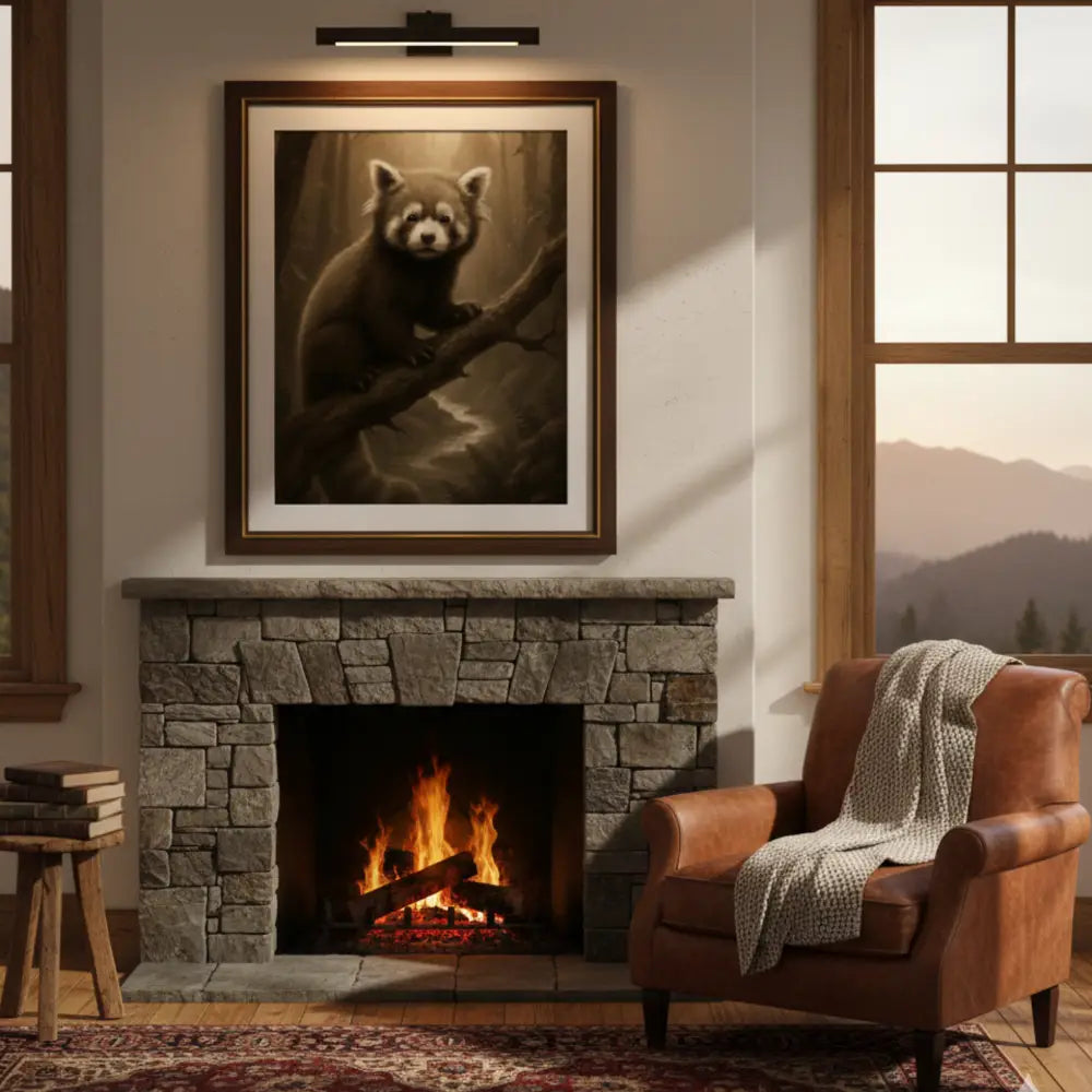 Framed red panda forest art print by Trini Skies Graphics, vintage inspired wildlife