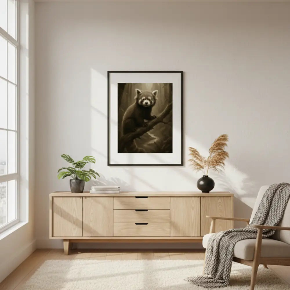 Framed sepia red panda forest art print by Trini Skies Graphics