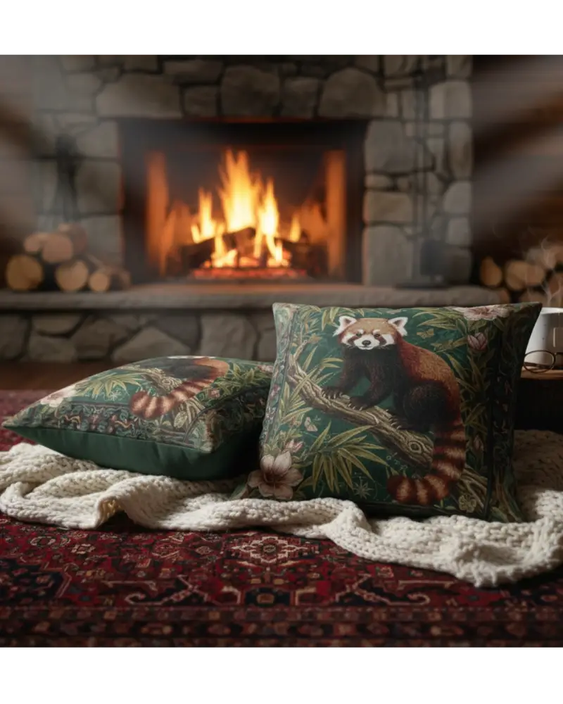 Two faux suede square pillows with red panda illustration in botanical jungle design