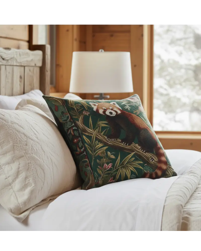 Red panda illustration on faux suede square pillow with botanical jungle design