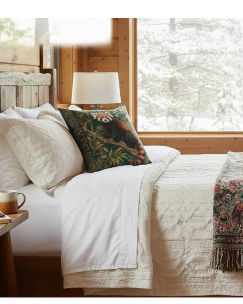 Cozy faux suede square pillow with red panda illustration in botanical jungle design