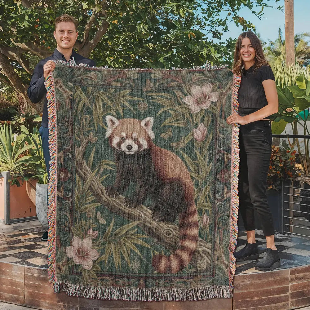 Cozy woven cotton woodland red panda throw blanket with bamboo garden tapestry