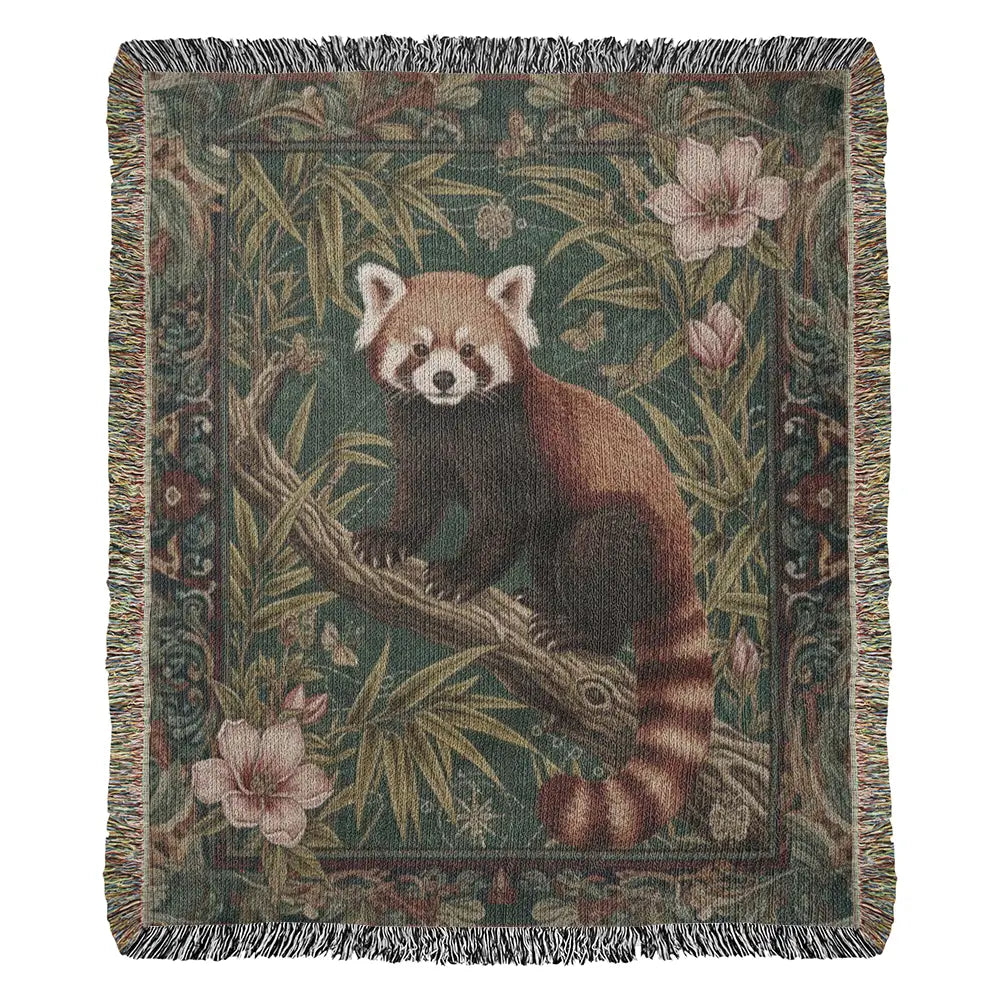 Red panda in bamboo garden woven cotton woodland throw blanket