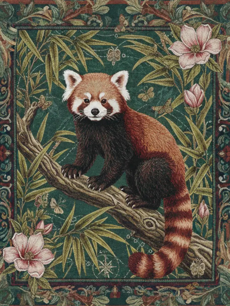Red panda woven cotton woodland tapestry with bamboo and flowers