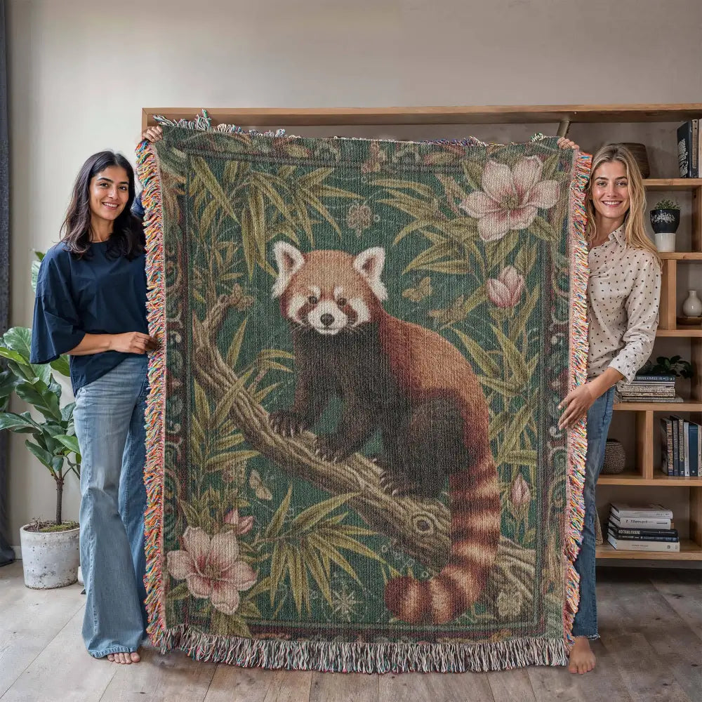 Cozy woven cotton woodland red panda tapestry in bamboo garden