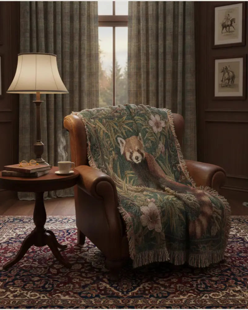 Cozy woven cotton woodland red panda blanket with floral pattern on armchair