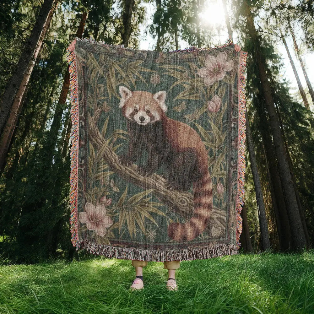 Red panda in bamboo garden woven cotton woodland tapestry throw