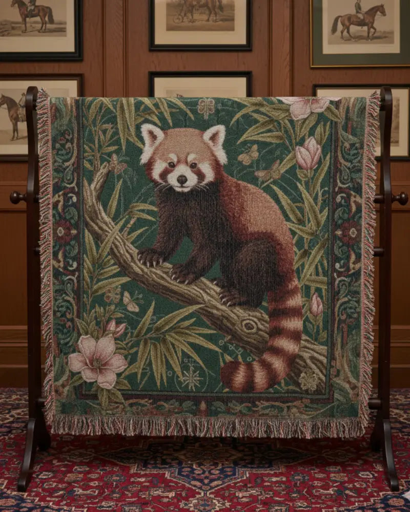 Red panda in woven cotton woodland bamboo garden tapestry