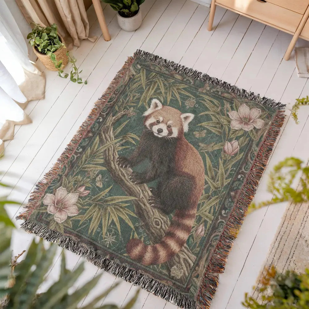 Red panda in woven cotton woodland bamboo garden tapestry