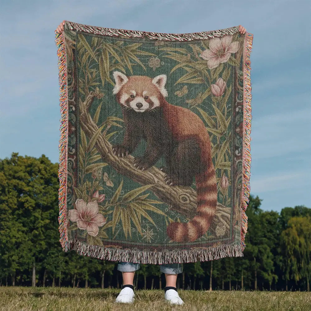 Red panda woven cotton woodland tapestry with bamboo and pink flowers