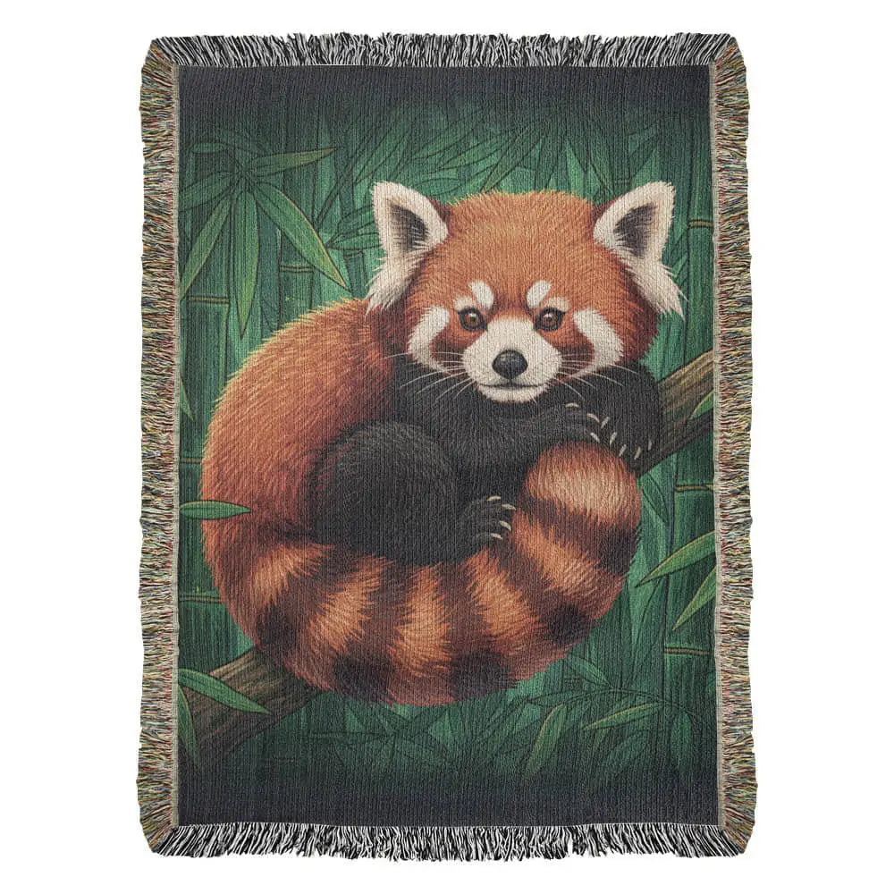 Cozy red panda woven art blanket with bamboo backdrop