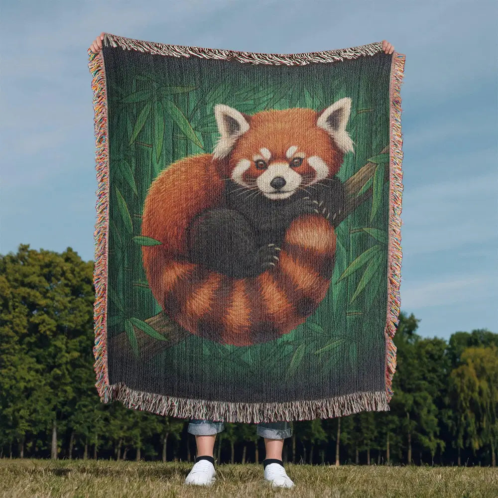 Cozy red panda woven art blanket with bamboo illustration