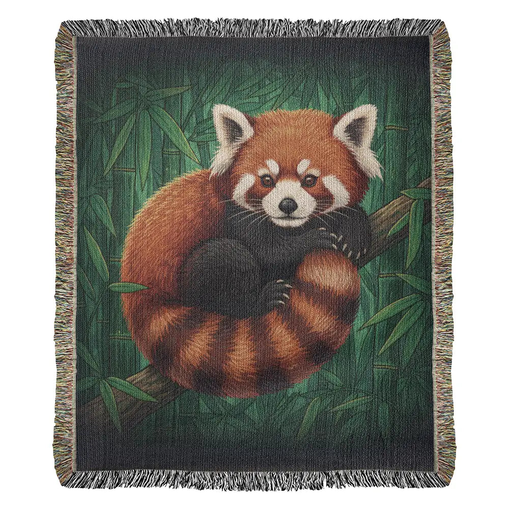 Red panda woven art blanket with bamboo backdrop and fringed edges