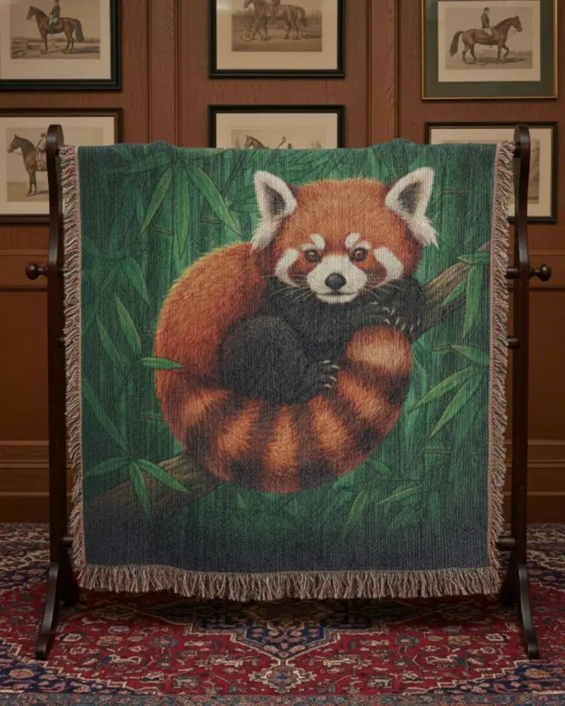 Cozy red panda woven art blanket with bamboo and wildlife design