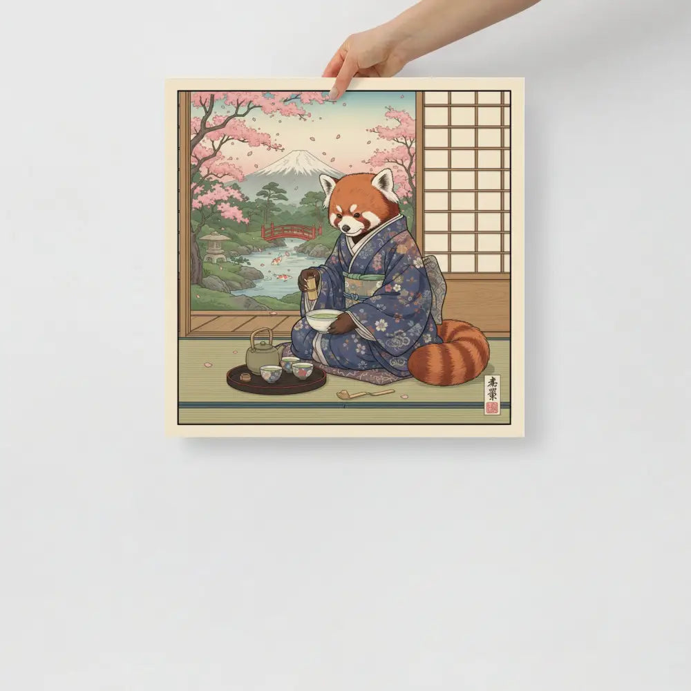 Red panda tea ceremony art print in ukiyo-e style with Mount Fuji
