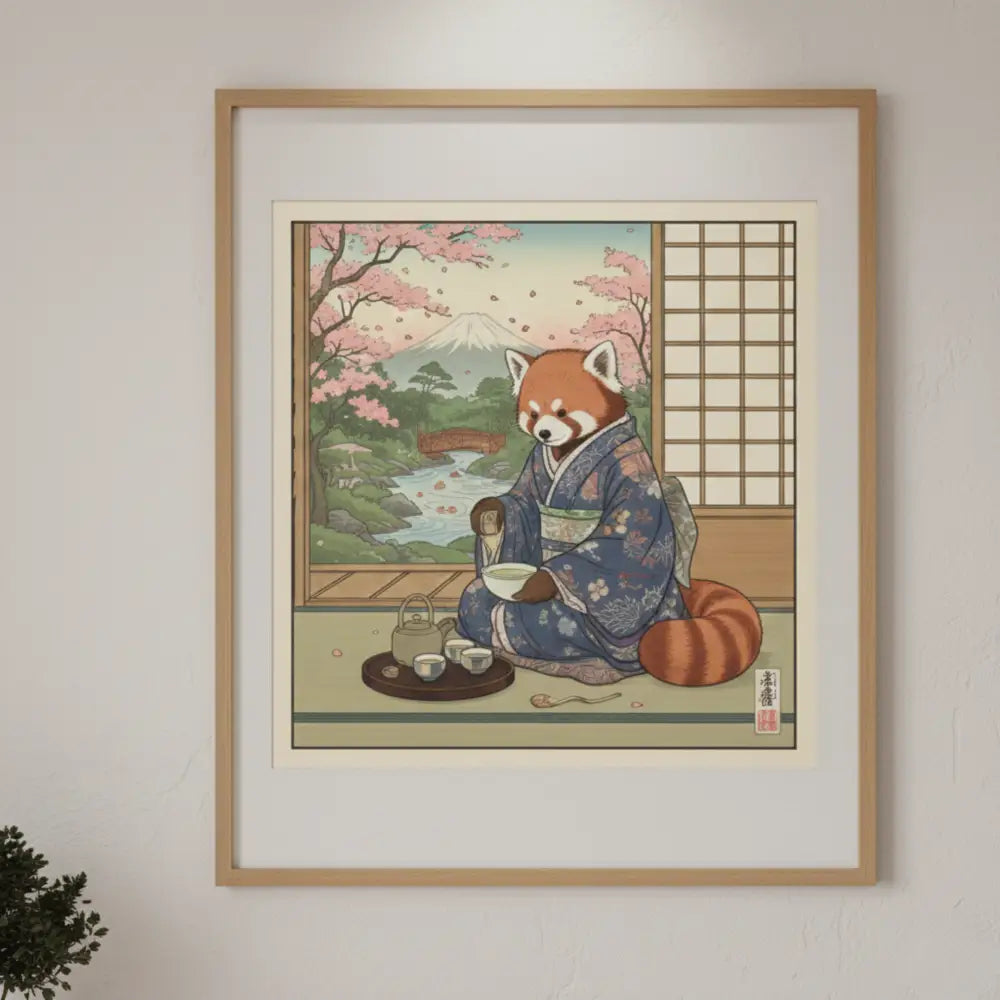 Red panda in kimono at tea ceremony, Ukiyo-e art print by Trini Skies Graphics