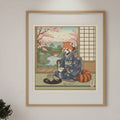 Red panda in kimono at tea ceremony, Ukiyo-e art print by Trini Skies Graphics