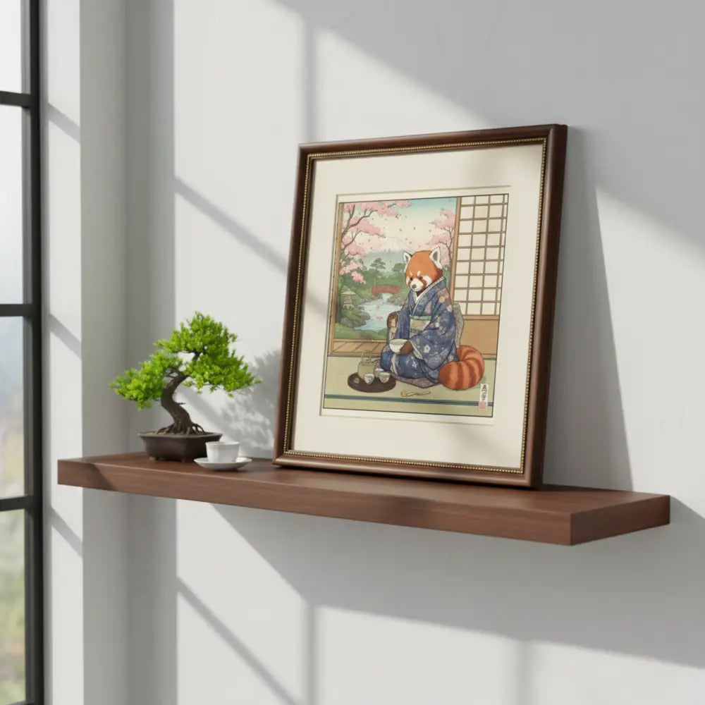 Framed red panda tea ceremony art print in ukiyo-e style