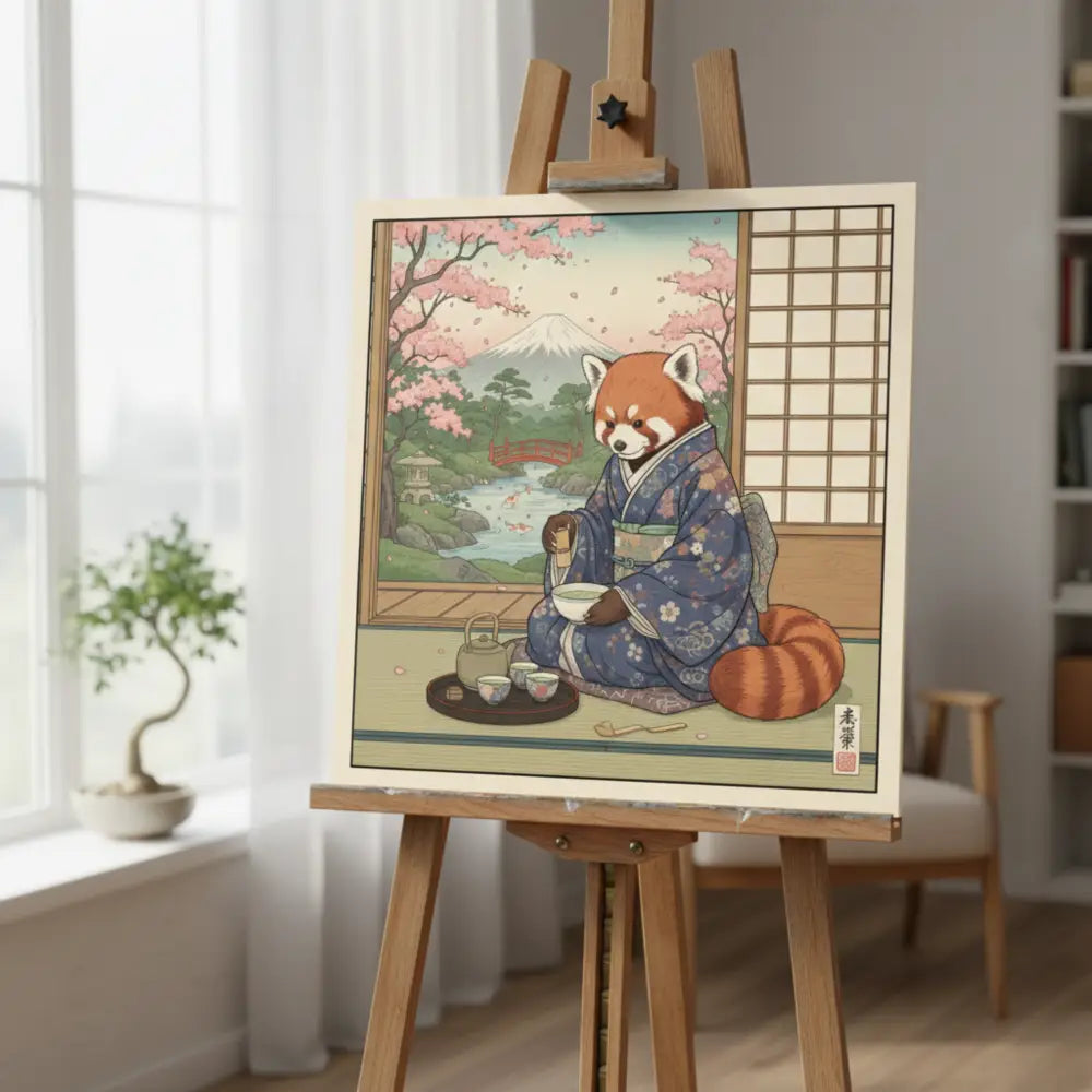 Red panda in Japanese attire at tea ceremony, Ukiyo-e style art print