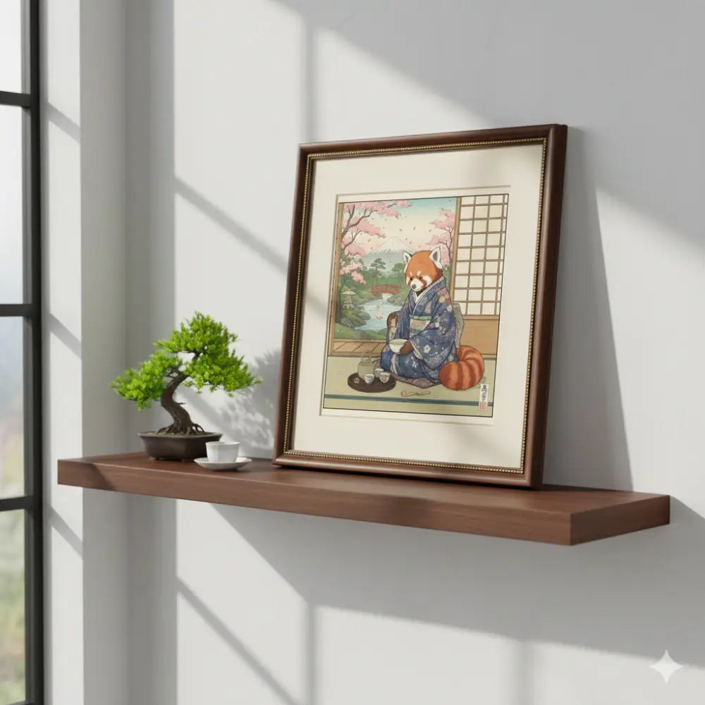 Framed red panda tea ceremony art print in ukiyo-e style