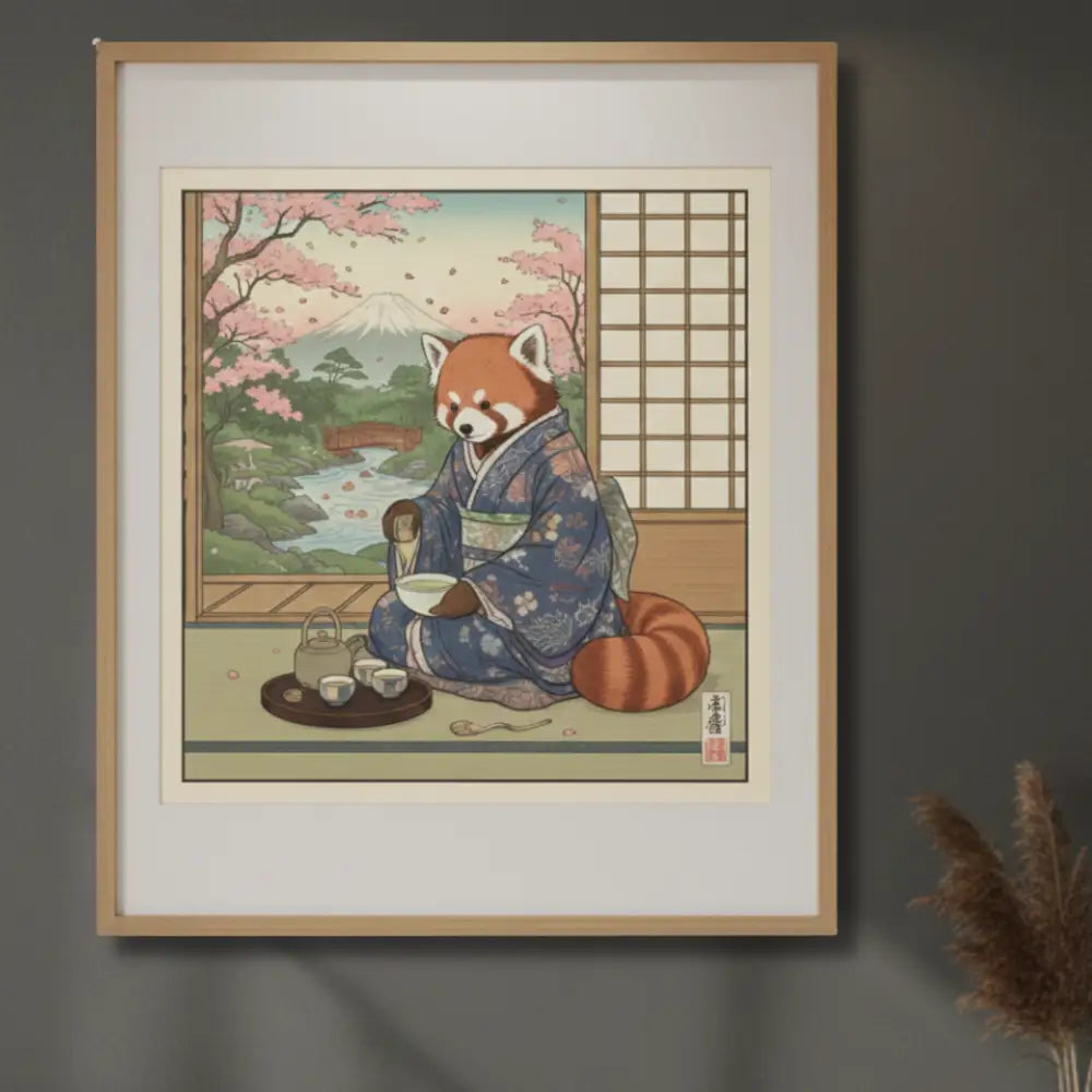 Red panda tea ceremony art print in ukiyo-e style with cherry blossoms