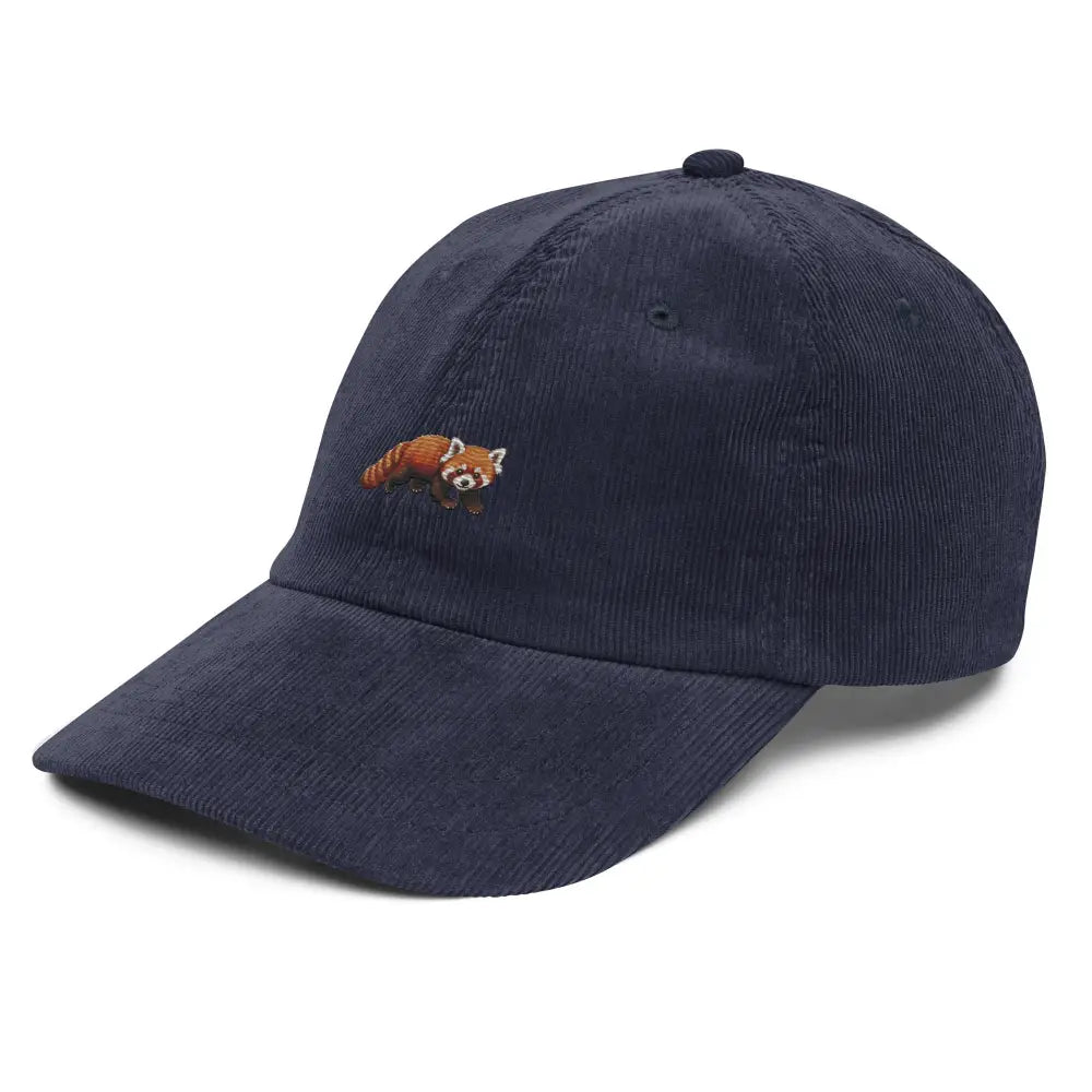 Navy blue embroidered corduroy hat with red panda animal cap design