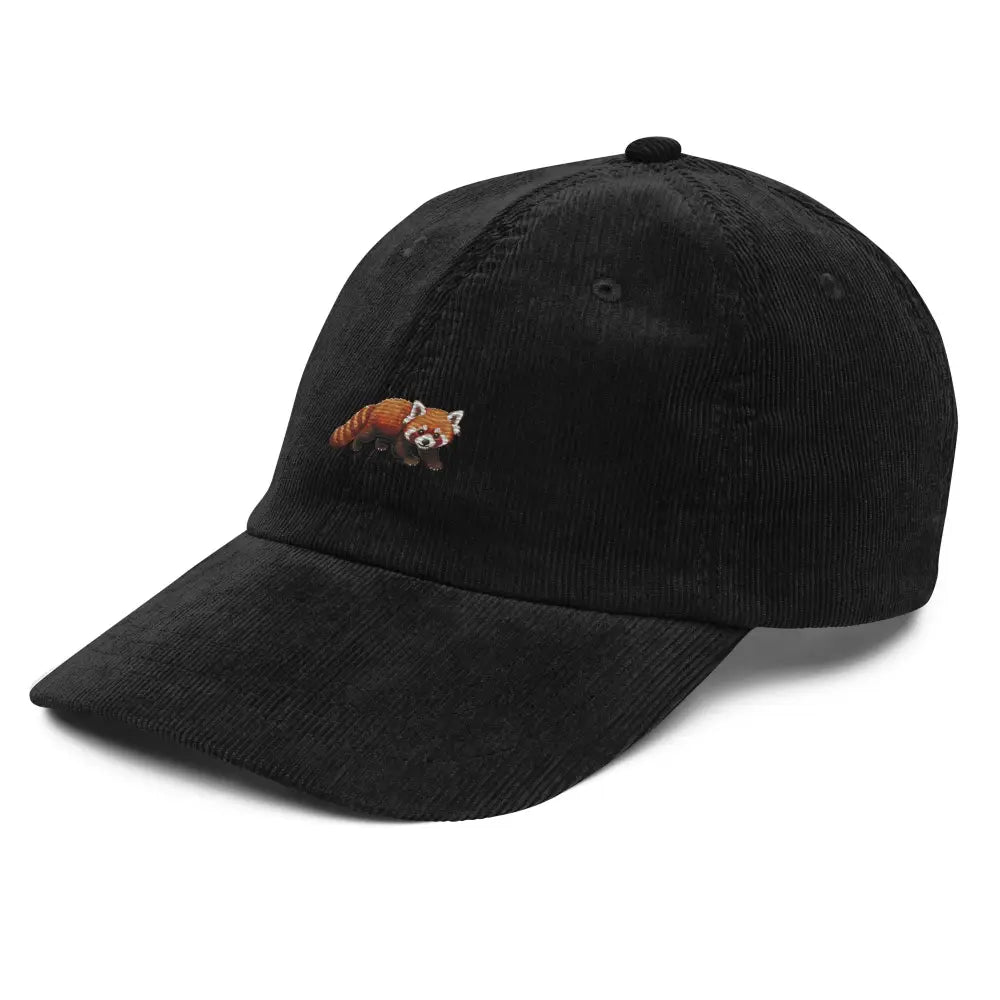 Black embroidered corduroy hat with red panda on front