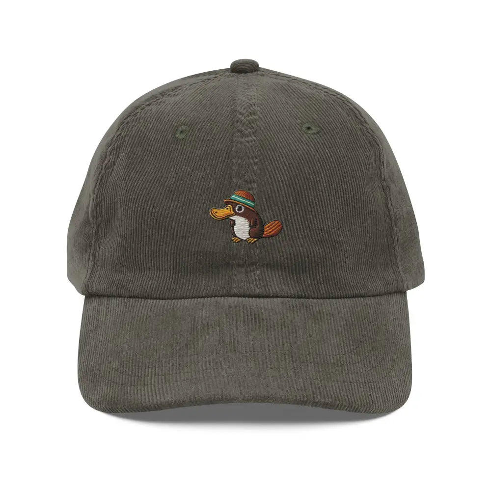 Olive green Relaxed Trini Skies platypus embroidered vintage corduroy cap