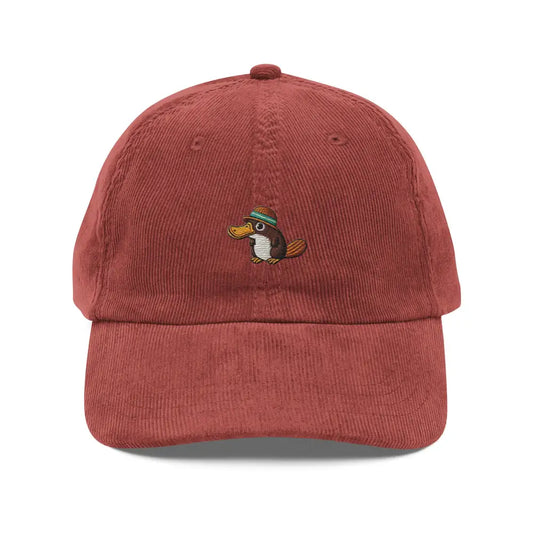 Relaxed Platypus Embroidered Vintage Corduroy Cap | Unique Animal Hat - Burgundy - Hats corduroy baseball cap platypus